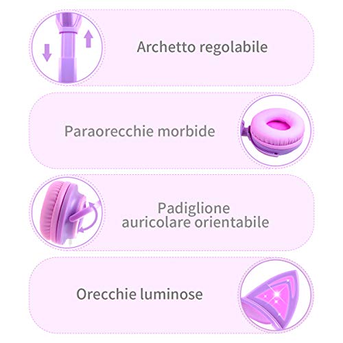 Cuffie Per Bambini con Orecchie, Auricolare con Gattino LED Luminoso Pieghevole Regolabili, Limitato Volume 85dB, Wired Cuffie Over-Ear per iPhone/iPad/PC/TV