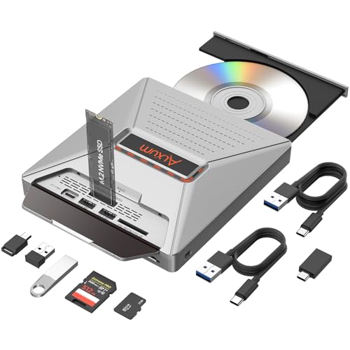 Alxum Externes DVD CD Laufwerk mit M.2 NVMe–10Gbps & SD/Micro SD Kartenslot, Kartenleser und USB-Anschlüsse, CD/DVD Brenner für Laptop, Desktop, MacBo