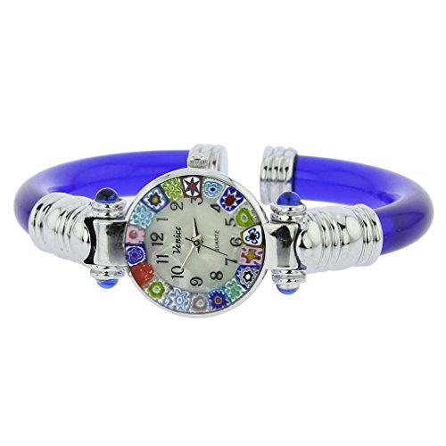 GlassOfVenice Murano Glass Millefiori Bangle Watch - Silver Blue Multicolor