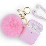 Airpods Case - Filoto Airpods Silicone Glitter Cute Case Cover with Pompom/Keychain/Strap for Apple Airpods 2&1, 2019 Newest 360&deg; Protective Air Pods Charging Case Cover (Glitter Light Pink)