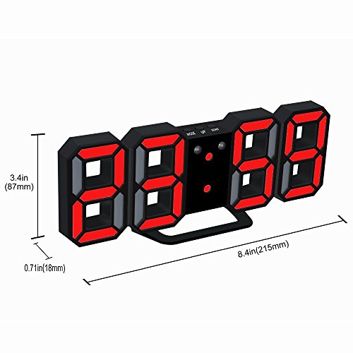 LED Digital Alarm Clock For Desk / Shelf / Tabletop, Modern Home Decoration 3D Wall Clock, Easy To Read at Night, Loud Alarm and Snooze, Big Digit Display (Black Frame, Red Light)