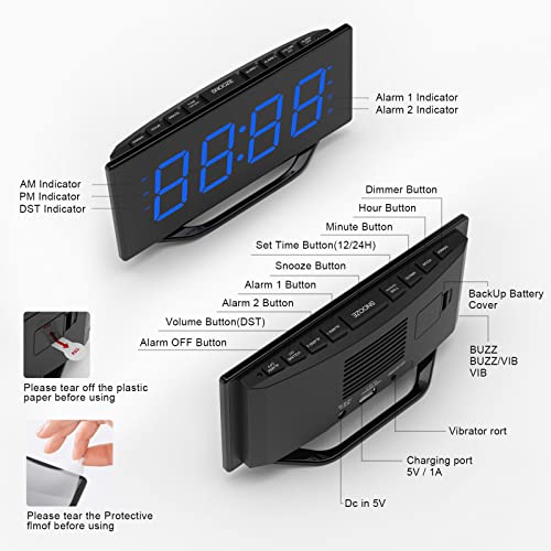 Digital Loud Alarm Clock with Bed Shaker, Vibrating Dual Alarm Clock for Heavy Sleepers Adults