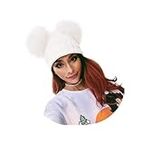 Spiritlele White Winter Beanie 2 Pompom Ball Knit Hat Faux Fox Fur Fluffy Warm Skull Cap for Women Girls