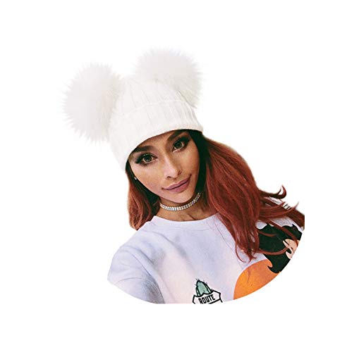 Spiritlele White Winter Beanie 2 Pompom Ball Knit Hat Faux Fox Fur Fluffy Warm Skull Cap for Women Girls