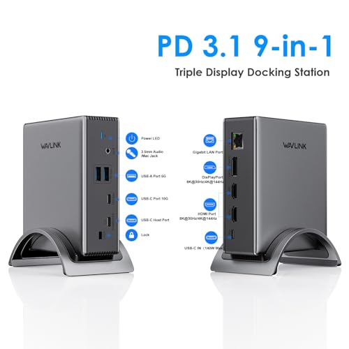 Laptop Docking Station, PD3.1 Triple Display Dock with 140W Power, 8K@30Hz/4K@144Hz HDMI*2 + Displayport, USB-C 10Gbps, 2* USB-A 5Gbps, Gigabit Ethernet, Audio/Mic, for Windows,Lenovo,HP,Dell