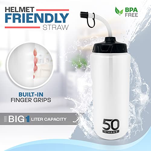 50 Strong 1 Liter Water Bottle with Straw Hockey Water Bottle with