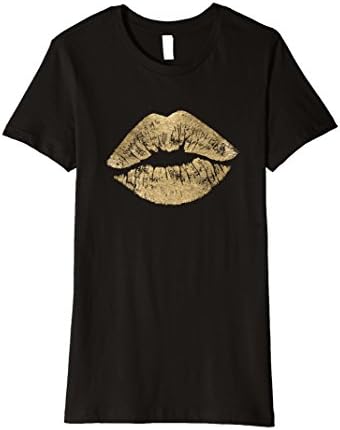 Womens Sexy Gold Metallic Lips Kiss Me Love Makeup Lipstick Shirt Large Black