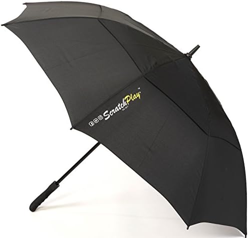 Golf Umbrella for Outdoor Travel Sports - Protects from Beach Sun Rain and Shade -Automatic Opening Lightweight Double Vented Wind Resistant Waterproof Canopy Fiberglass Frame -ScratchPlay - Black