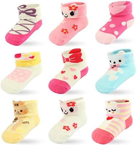 9 Pairs Baby Girls Newborn Infant Socks, Toddler Ankle Socks Cotton with Grips