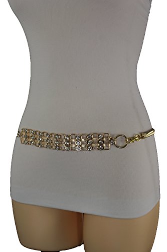 TFJ Women Elastic Waistband Belt Hip Waist Gold Metal Buckle Bling M L XL