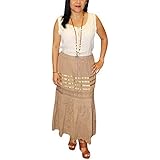 Mogul Interior Women's Maxi Long Skirt Beige Embroidered Rayon Casual Fall Skirts S/M