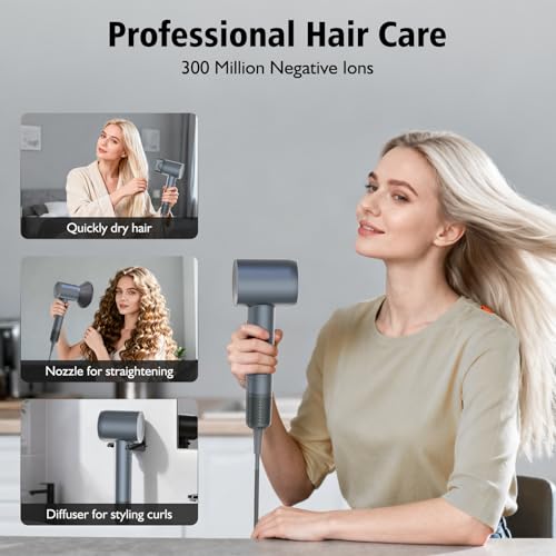 Professional Hair Dryer with Diffuser and Nozzles, 59 dB Low Noise Ionic Hair Dryer, 160,000 RPM Brushless Motor, Hair Dryer with 3 Temperatures and 2 Speed, Grey