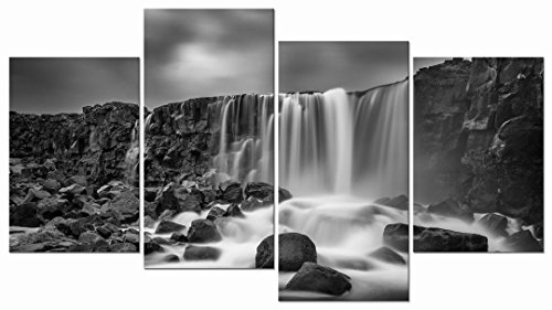 Pyradecor Black and White Rocky Waterfall 4 panels Landscape Seascape Giclee Canvas Prints on Modern Canvas Wall Art Sea Beach Pictures Artwork for Home Decor and Wall Decorations AH4039