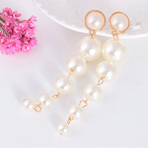 Women's Elegant Simulated Pearl 3 Tassel Chains Bridal Jewelry Long Dangle Eardrop Tassel Ear Stud Earrings (Gold)