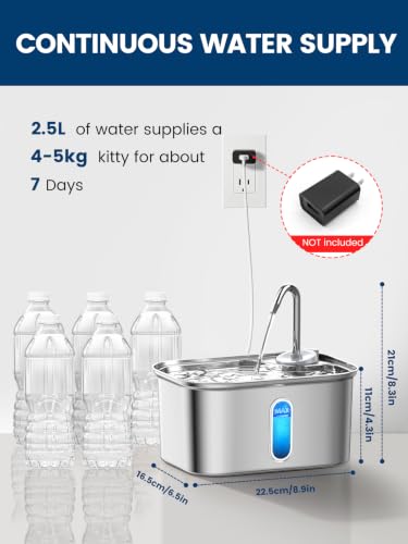 Cat Water Fountain Stainless Steel for Cats Indoor 2.5L 85oz by BPA-Free SUS304, Effective 6-Layer Filter Cat Fountain for Drinking 20dB Ultra Quiet Metal Pet Water Fountain (Fountain+1 Filter)