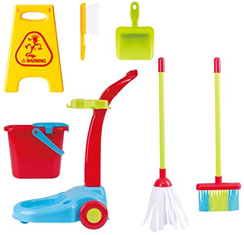 PlayGo My Cleaning Wheel Trolley Set 8PCS Housekeeping Broom, Mop,Organizing Stand Children Cleaning Tools