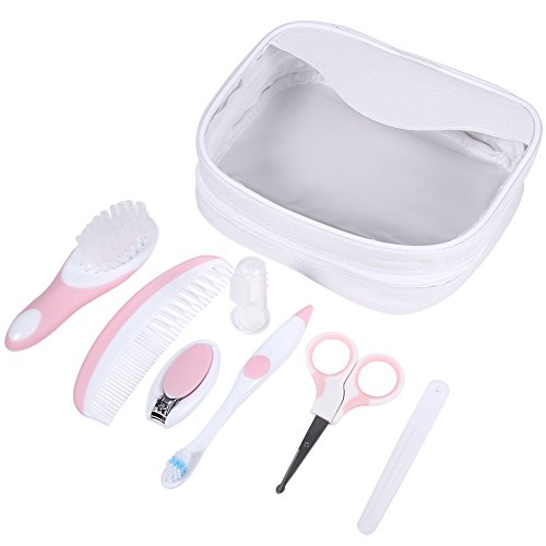 Baby Grooming Kit, 7pcs/Set Safe Hair Comb ToothBrush Nail Clipper Scissors Healthcare Daily Nurse Shower Tool Set with Carry Bag for Unisex Newborn Toddler Infant Girls and Boys Kids (Pink)