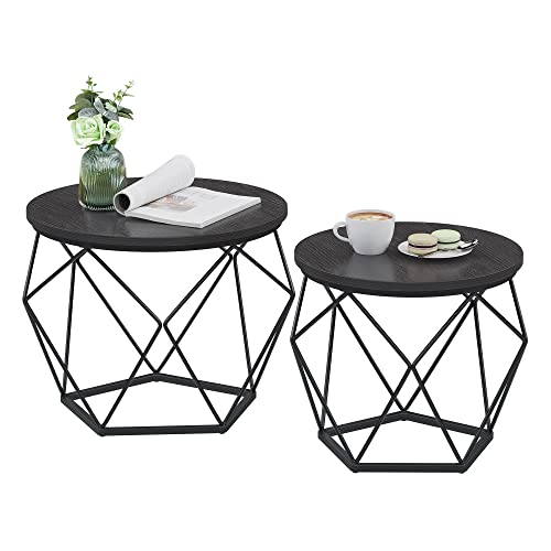 Mesa de Centro Redonda, Juego de 2 Mesas Auxiliares, Estilo Moderno, Tablero Extraíble, Marco de Acero, para Sala de Estar, Negro LET040B22