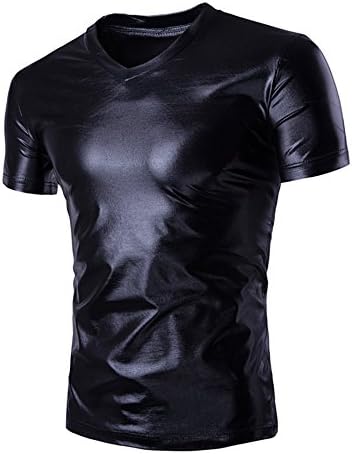Plumsika Men's Fashion Shiny Nightclub Metallic Silver Button Down Shirts (L (US M), Black-s)