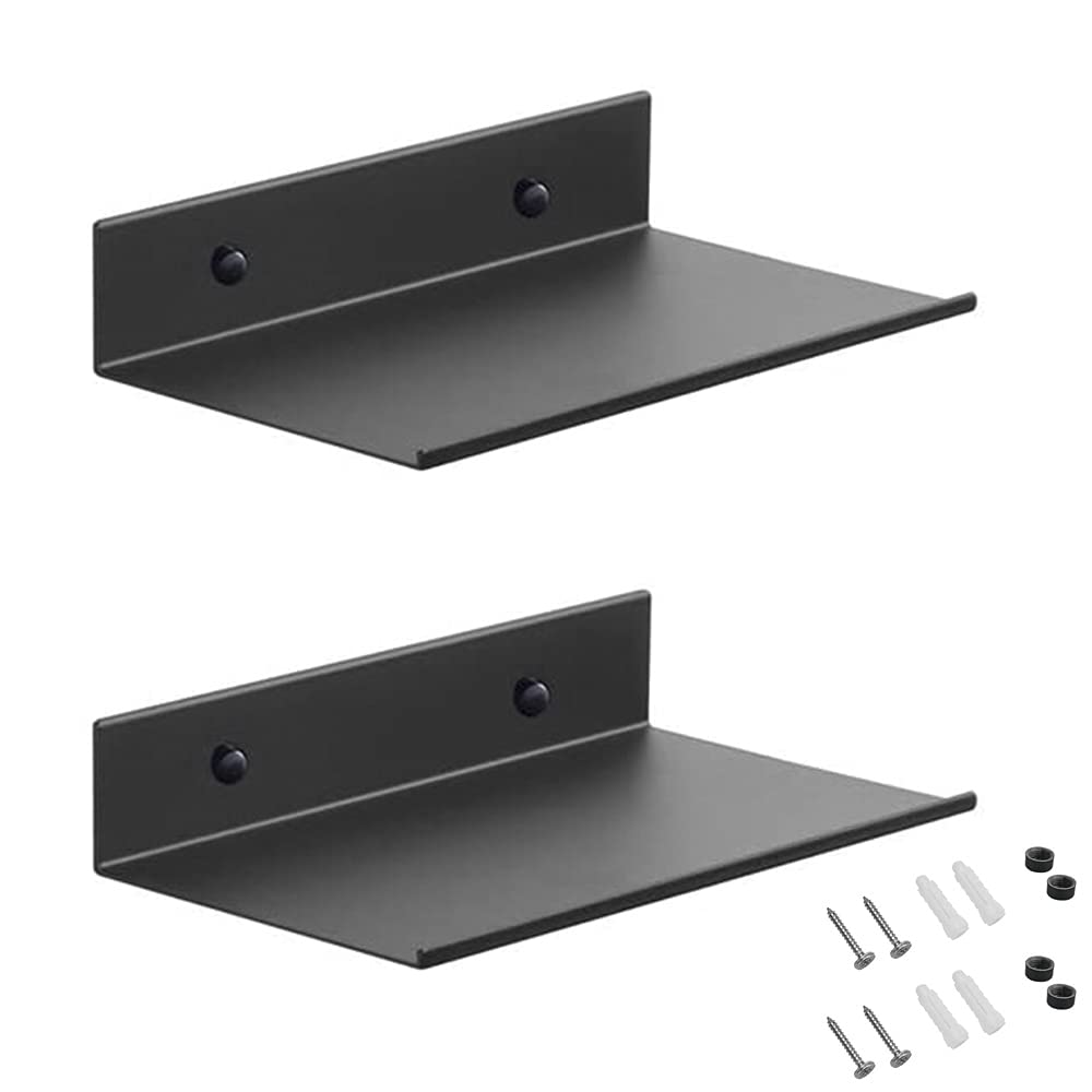 YeenGreen Floating Shelves Black Metal, 2 PCS 20 cm Bathroom Shelf Wall Mounted, Book Floating Shelf Aluminum with Holes and Screws, Shelf Organiser Office, Kitchen, Storage and Display