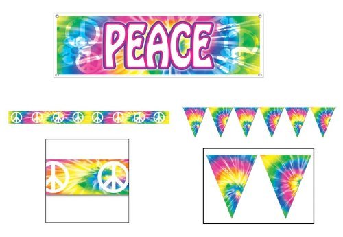 60's HIPPIE PEACE Party DECORATION Set/SIXTIES Decor Tree HUGGER/TIE DYE/PENNANTS/BANNER/WARNING TAPE/PEACE/LOVE/RETRO