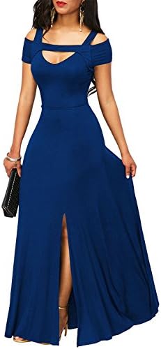 Ebbizt Womens Elegant Ladies Cold Shoulder V Neck Bodycon High Waist Prom Evening Party Cocktail Flare Maxi Long Dress Navy Blue Medium