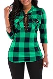 KISSMODA Womens Sexy Roll up Sleeves Deep V Neck Fitted Flannel Shirts Tops Evening Blouses Green Large