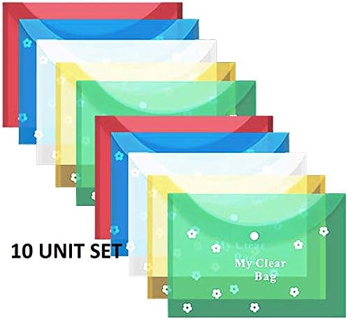 A4 Document File Bag, Colour Transparent Envelope Holder Storage Case, Snap Button Organizer, Clear Flower Plastic Container for Papers, Stationery