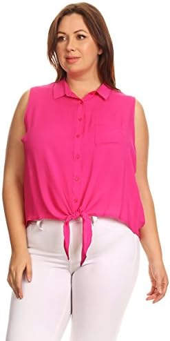 Plus Size Women's Solid Casual Blouse Sleeveless Button Down Waist Tie (XX-Large, Fuchsia)