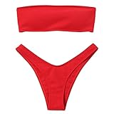 DEZZAL Women's Strapless Ribbed Lace up High Cut Two Piece Bandeau Bikini Set(Red, M)