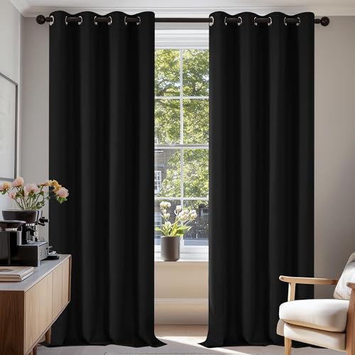 Deconovo Black Curtains Bedroom 52 x 84 Inch Thermal Insulated Energy Saving Eyelet Blackout Curtains for Living Room Black 1 PAIR