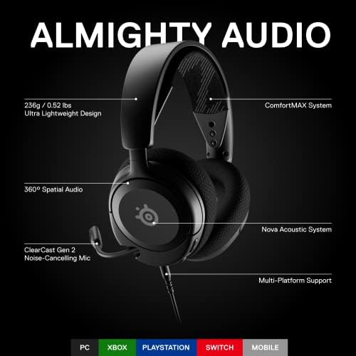 Arctis Nova 1 Casque de Jeu multisystème — Pilotes Hi-FI — Audio Spatial à 360° — Design Confortable — Durable — Ultra léger — Microphone antibruit — PC, PS5/PS4, Switch, Xbox – Noir