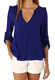 OMZIN Women V-Neck Chiffon Shirts Cuffed Sleeve Summer Tops Lady Blue XL