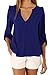 OMZIN Women V-Neck Chiffon Shirts Cuffed Sleeve Summer Tops For Lady Blue XL