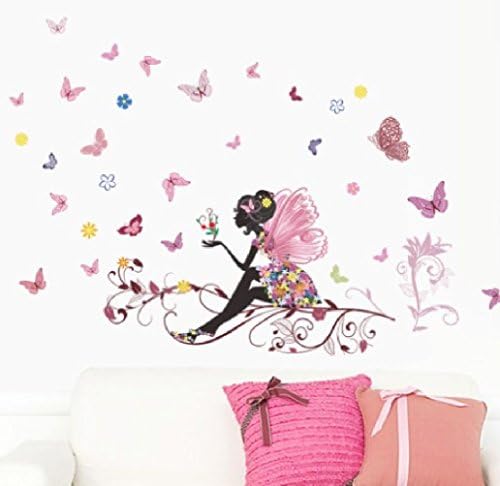 Suyunyuan DIY Flower fairy on leaves with buttlefly birds byckcle girl ballon fly on grass bedroom living room 3D wall sticker home decor