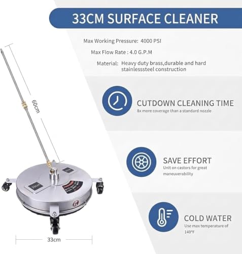 HoldOneLight Limpiador de Superficies 33cm con 4 Ruedas, Acero Inoxidable y Conector rápido 1/4", Accesorio hidrolimpiadora con Varillas y boquillas Repuesto, hasta 4000 PSI