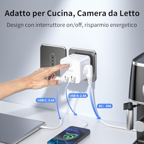 Power Strip with 4 Universal Sockets 10/16A ITA and Schuko, Power Strip with 2 USB A+2 USB C, Multiple Plug Flat Space-Saving with Switches for Home, Office, Black