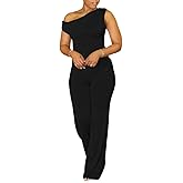 HBQ Women's Summer 2 Piece Outfits Casual Tracksuit One Shoulder Asymmetrical Short Sleeve Wide Leg Long Pant Lounge Sets-S-Black
