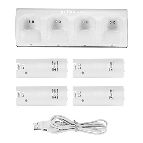 Kulannder 4 Rechargeable Wii Remote Batteries with 4 in1 Wii Remote Charger Charging Station with LED Light for Wii Remote Controller (White)
