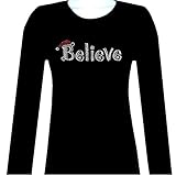 Rhinestone Christmas Believe Long Sleeve T Shirt Junior Size: S to 3xl Black Tops