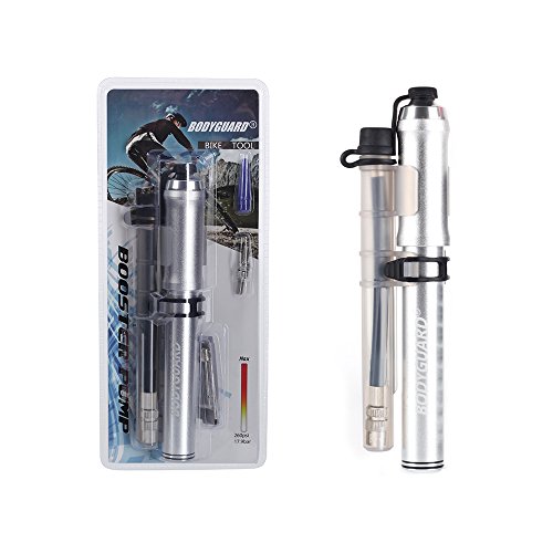 Bodyguard Mini Bike Pump - Reliable Hand Air Pump, Presta and Schrader Valve Compatible with Road, Mountain and BMX Bicycle Tires, High Pressure 260 Psi, 7.3 inches (Silver)