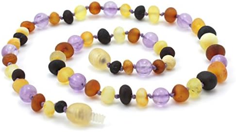 Unpolished Amber Teething Necklace - Size 12.5 inches (32 cm) - Raw Multi mixed with Amethyst Gemstone Beads - TipTopAmber (12.5 inches, Raw Multi / Amethyst)