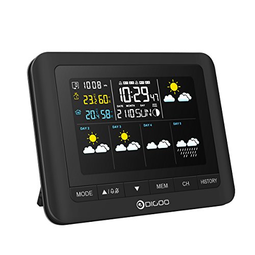 DIGOO Five Day Weather Forecast Weather Station, DG-TH8805 Wireless Weather Forecast Weather Station with Outdoor Sensor, Outdoor and Indoor Temperature&Humidity&Air Pressure Monitor, Alarm Clock