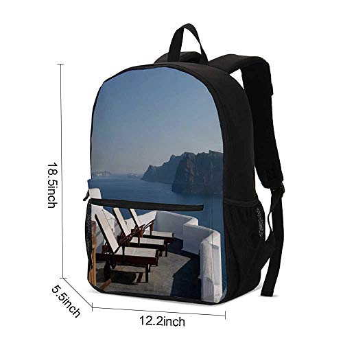 Travel Decor Durable Backpack,Sunlounger at Terrace in Santorini Greece Resort Relaxation Aegean for School Travel,12.2"L x 5.5"W x 18.5"H - Thumbnail 5