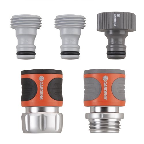 GARDENA 5-Piece Premium Metal Quick Connect Garden Fittings: Hose Attachment Kit for 5/8 Inch or 1/2 Inch Hose - Quickly Attach Sprinklers, Spray Nozzles, and Accessories.