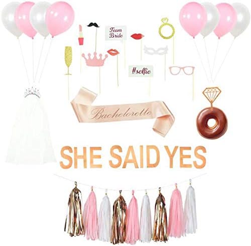 Bachelorette Party Decorations Kit, Rose Gold Pink Bridal Shower Supplies, She Said Yes Banner, Bride Sash, Tiara with Veil, Diamond Donut/Cake Toppers, bachelorette photo booth props, Hen party set