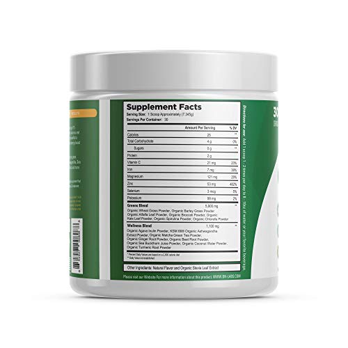 Organic Greens Powder - All Natural Superfoods Veggie Powder - Potent Superfoods for Detox and Immune Health Benefits - Includes Spirulina, Matcha Green Tea, and Ashwaganda - USDA Organic - Non-GMO