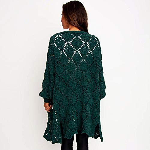PRETTYGARDEN Women’s Elegant Solid Open Front Lantern Long Sleeve Hollow Out Side Split Chunky Knitted Long Outwear Coat (Green, Small)