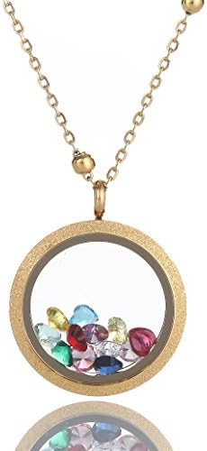 Dream Lassie Floating Living Memory Stainless Steel Round Locket Pendant Necklace for Women Birthstone Zircon Necklace Chain and Zircons Include
