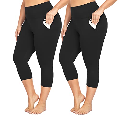 yeuG Women's Plus Size Capri Leggings with Pockets2 Pack High Waist